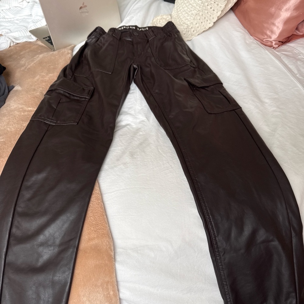 American Eagle Outfitters Dark Brown Leather-Look Cargo Pants